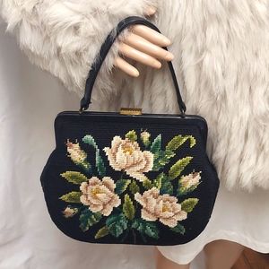 Vintage Floral Needlepoint Roses Satchel